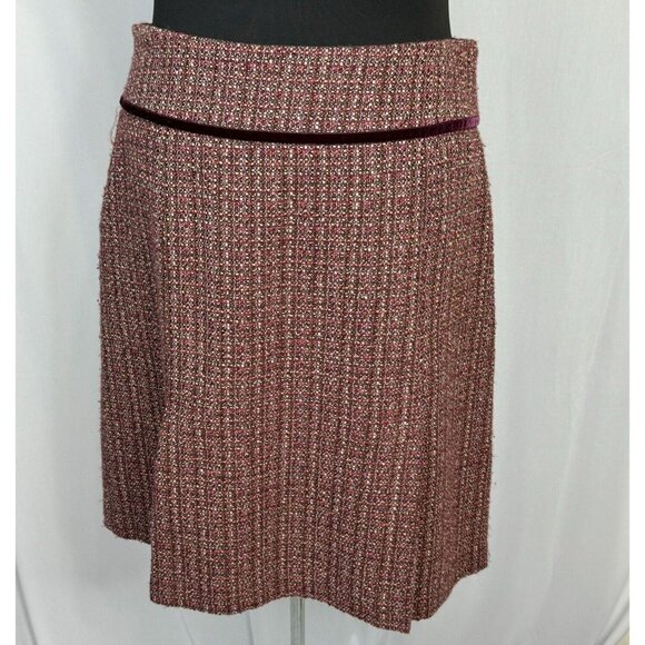 Kenneth Cole Burgundy Tweed Wool Blend Pleated Skirt w/Velvet Trim & Bow Sz 10 - Picture 1 of 16